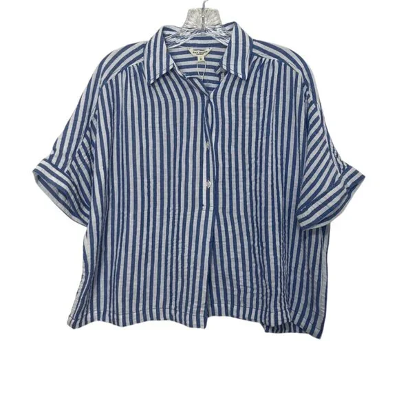 Max Studio London Button Front Shirt Size Small Blue White New Striped Casual - Picture 2 of 11